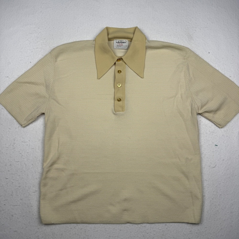 Vintage Arrow Polo Shirt Mens Large Yellow Cavalier Knit Check 60s Mod Retro